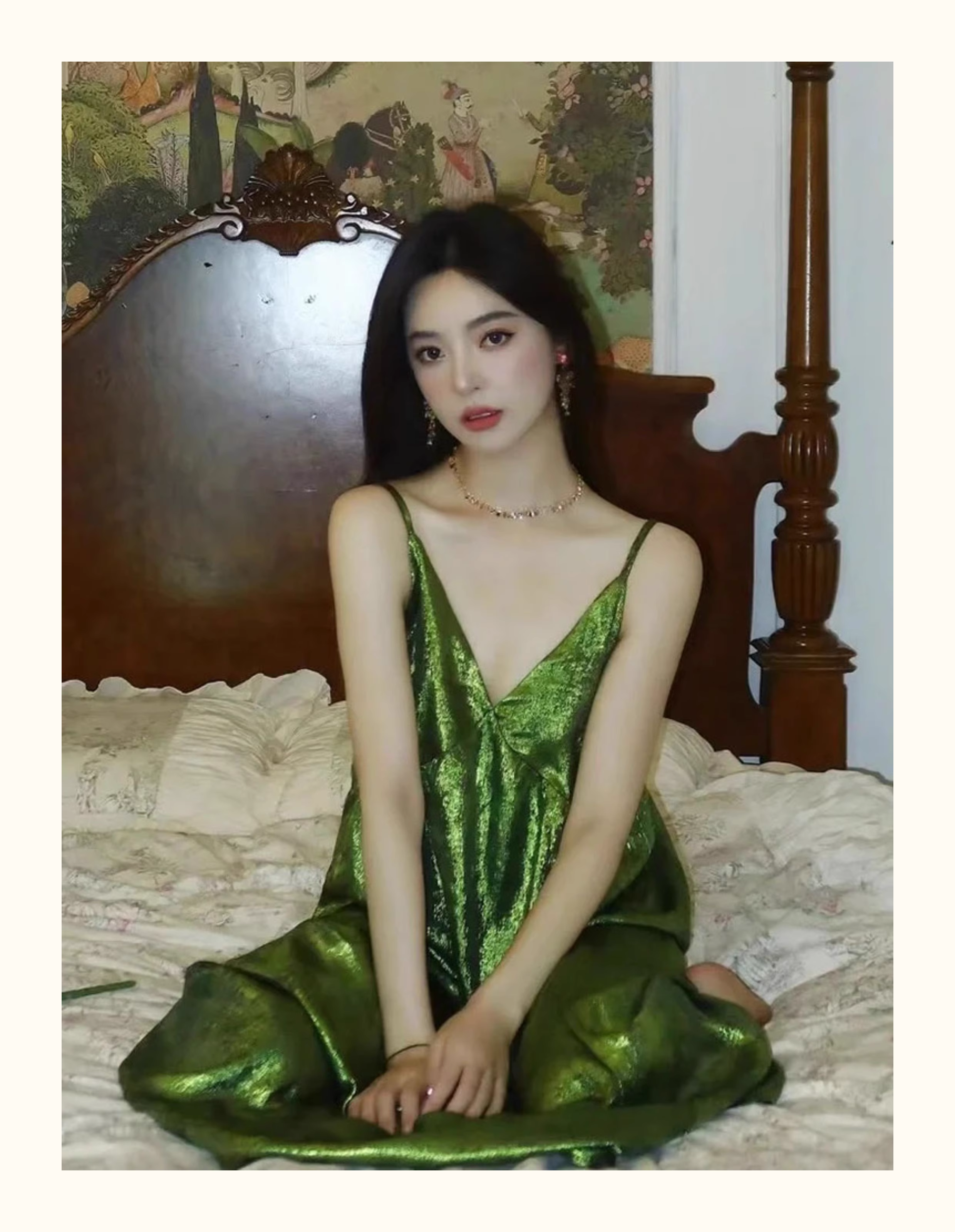 Green V-neck suspender dress