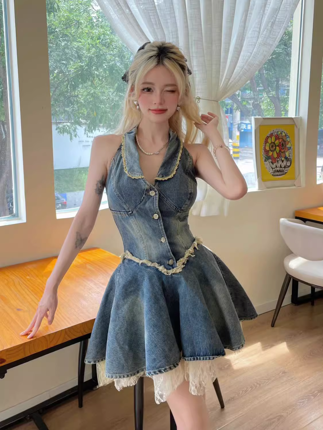 Retro halter dress women's summer denim dress