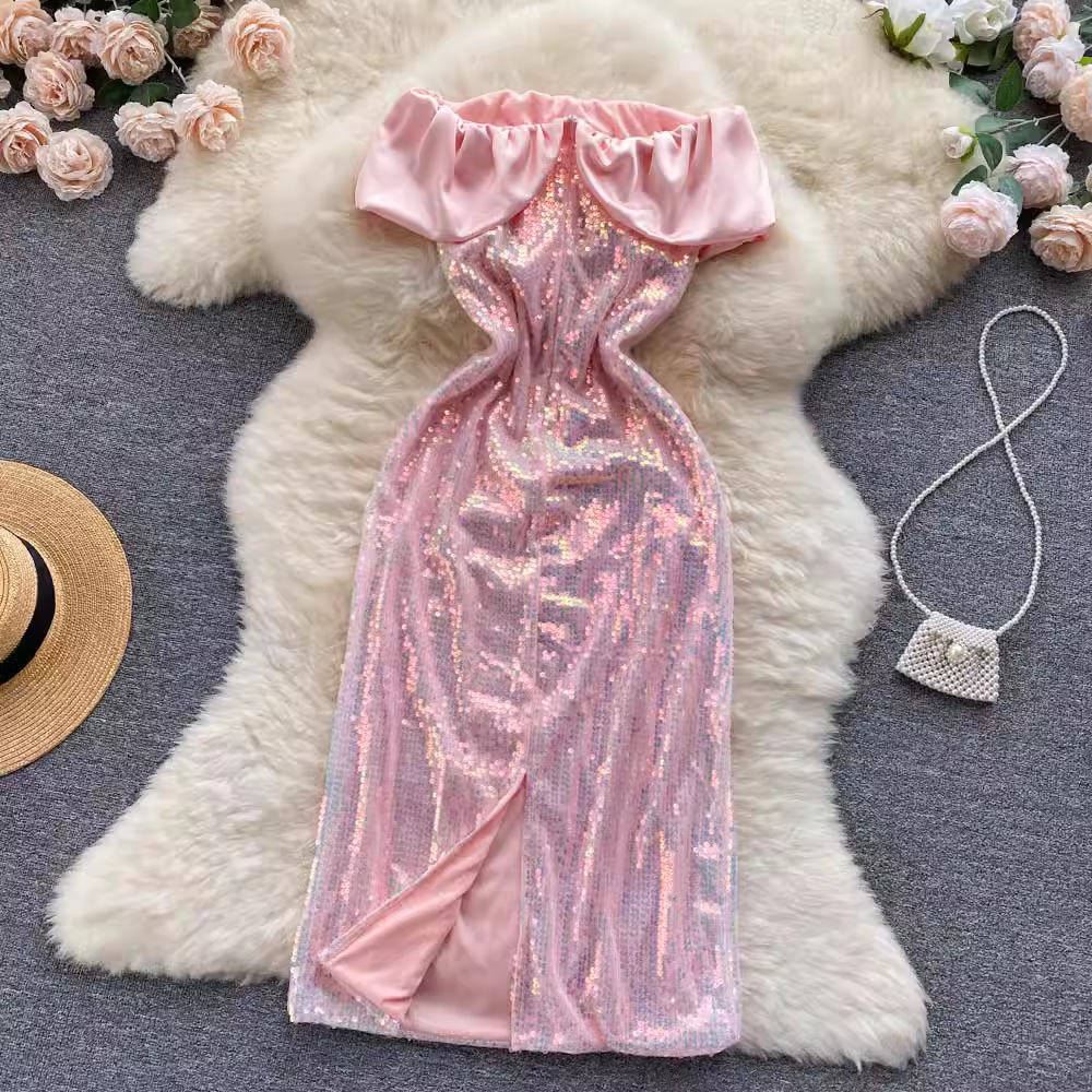 Pink Ruffle Neckline Sequins Dress  ,