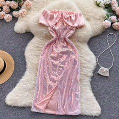 Pink Ruffle Neckline Sequins Dress  ,