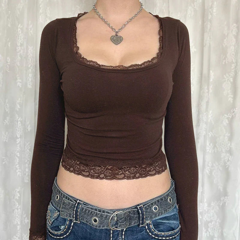 Lace Trim Basic Long Sleeve Top