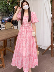 Pink Square Neck Floral Chiffon Dress