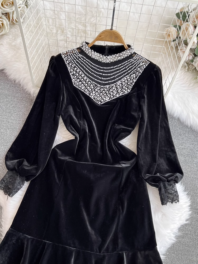 Long-sleeve stand-collar beaded panel ruffled velvet dress