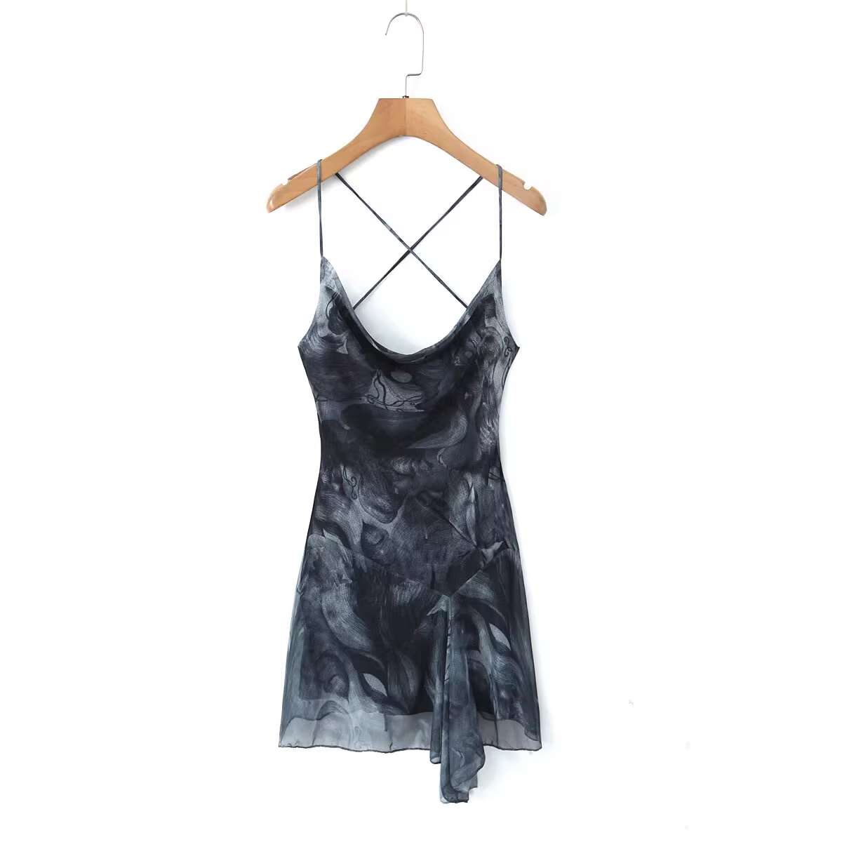 Tie-dye printed mesh irregular dress