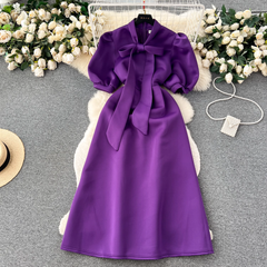 Vintage Bow Tie Puff Sleeve Dress