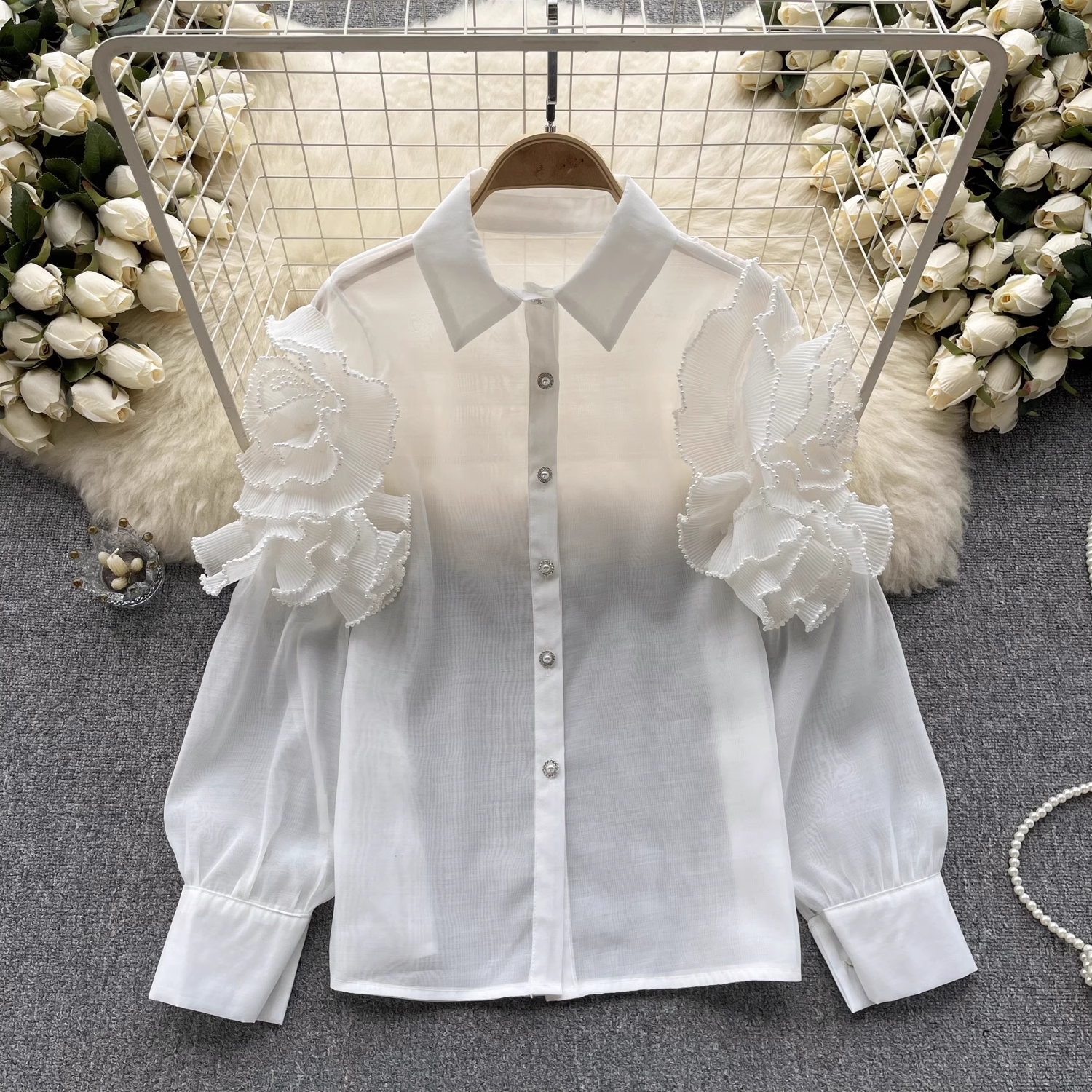 women's summer three-dimensional flower long sleeve mesh blouses