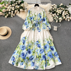 Printed long French puff sleeve elegant dress