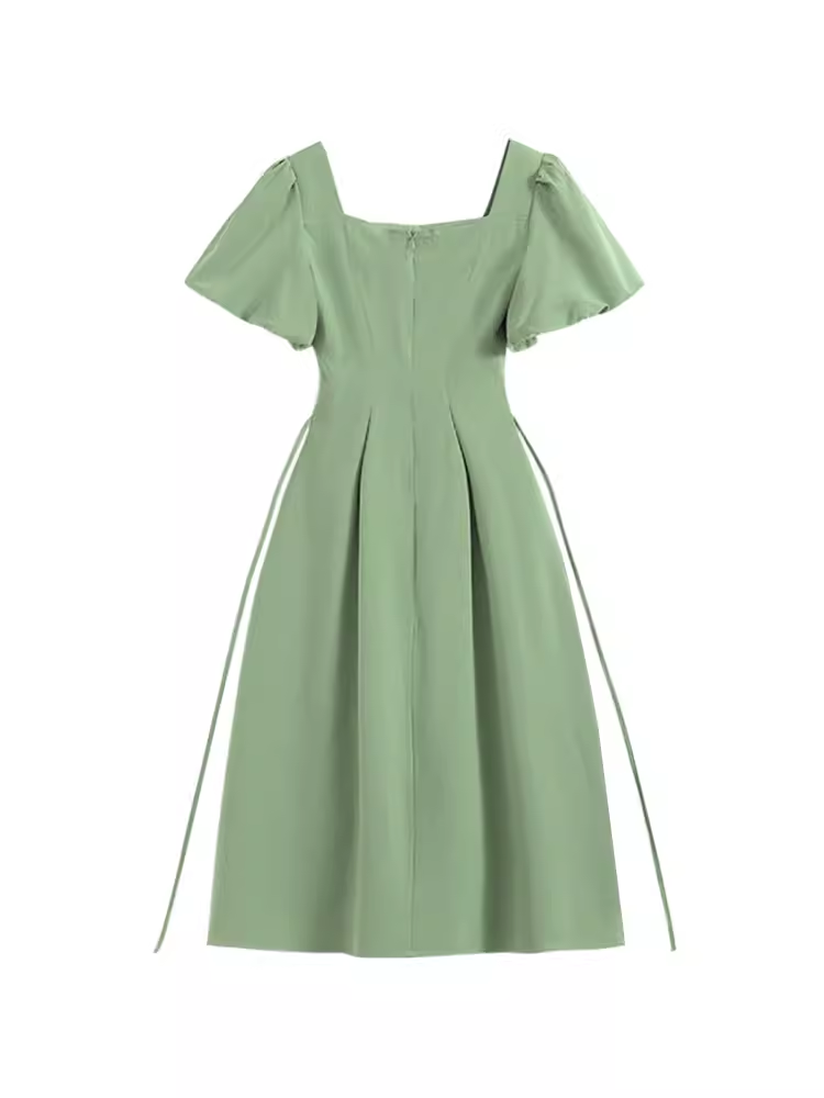 Green square neck bow dress