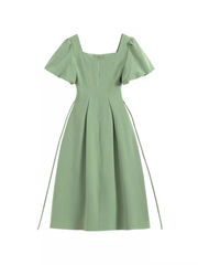 Green square neck bow dress