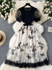 Retro Elegant Dress Women Knitted Splicing Embroidery Butterfly Mesh Fluffy Fairy Long Dress