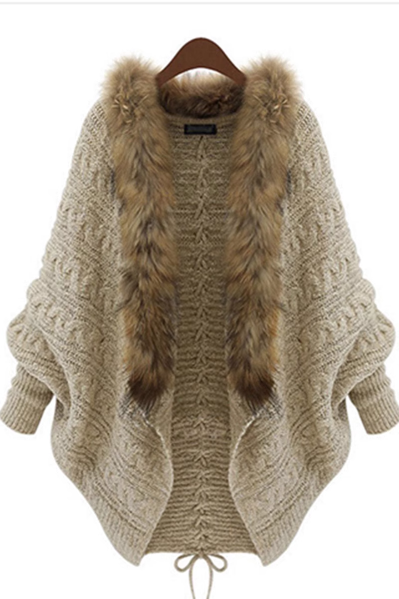 Knitted cardigan cape shawl bat sleeve fur collar coat for women