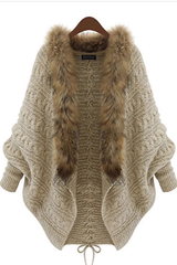 Knitted cardigan cape shawl bat sleeve fur collar coat for women