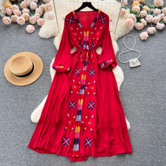 Embroidered V-neck drawstring waist dress for women retro ethnic style holiday dress