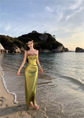 Long green satin holiday dress