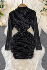 Stylish long-sleeved stand-up collar pleated short glossy metallic dress