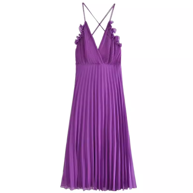 Purple V-neck suspender dress