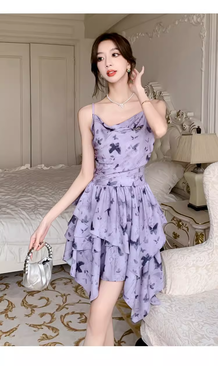 Purple butterfly print slip dress