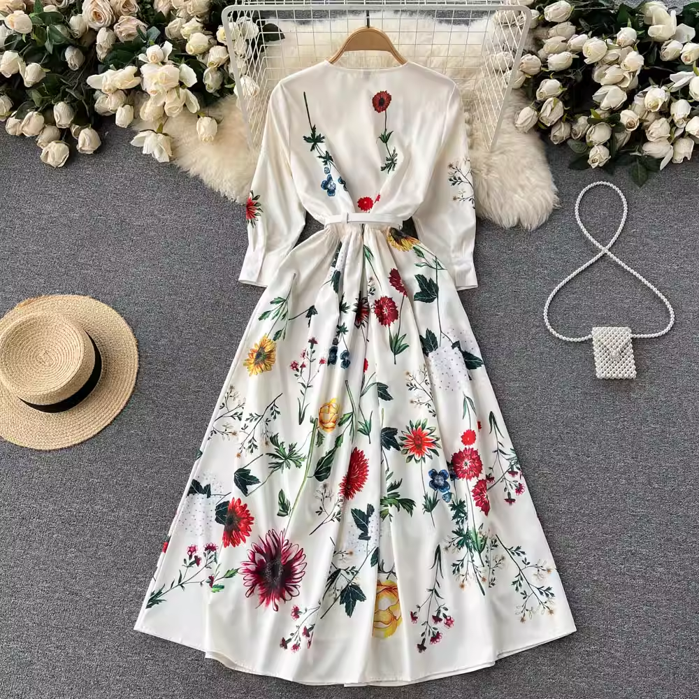 Printed fashionable slim fit single breasted dress