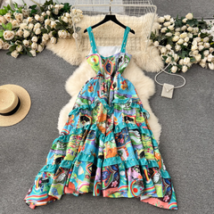 women's printed retro suspender dress