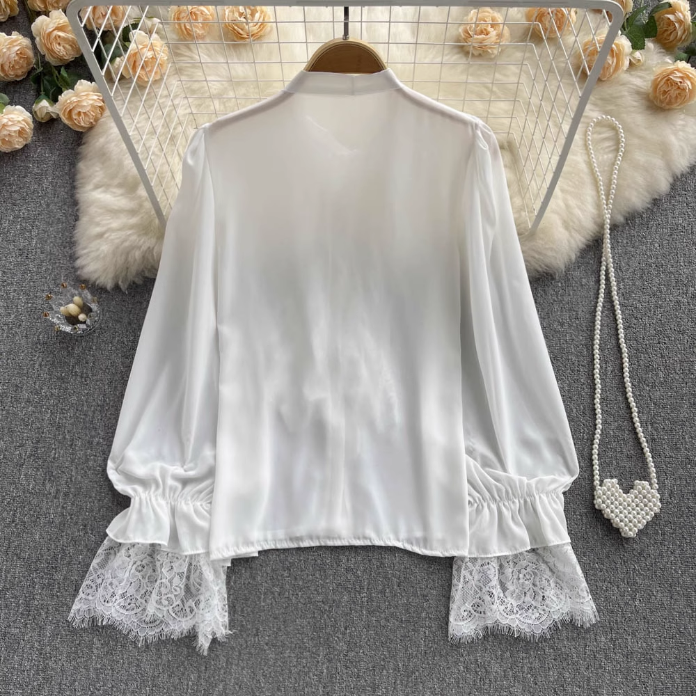 Ruffle Trim Blouses Panel Lace Chiffon Long Sleeves