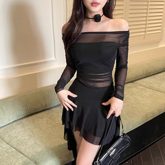 Black sexy off the shoulder see-through dress