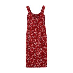 Red Floral Suspender Dress Women's Slim Slit Dress