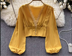 Lantern sleeve slim waist slimming long sleeves blouses ,