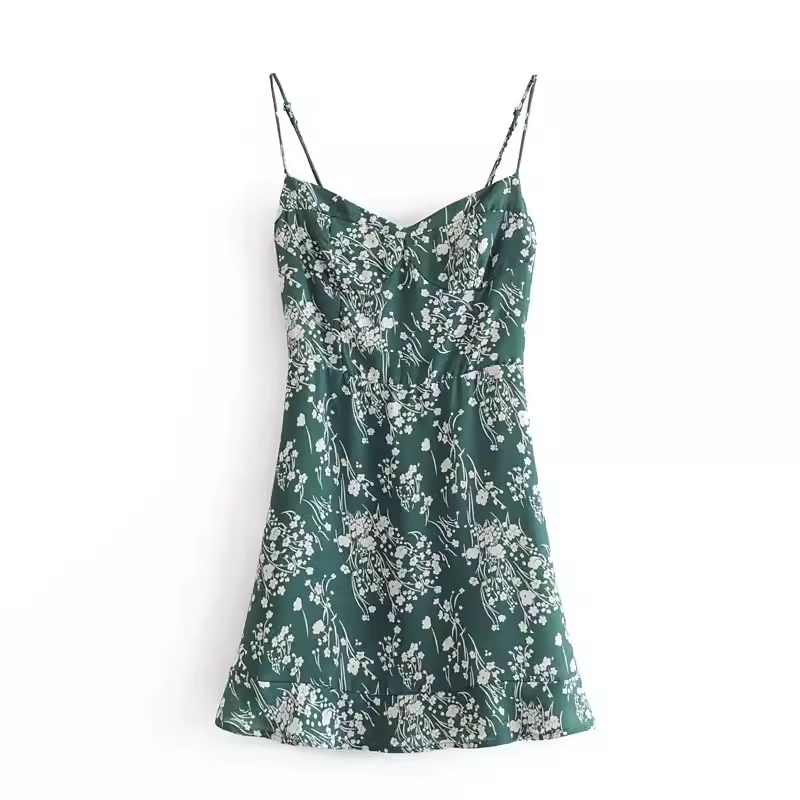 Green floral suspender A-line dress