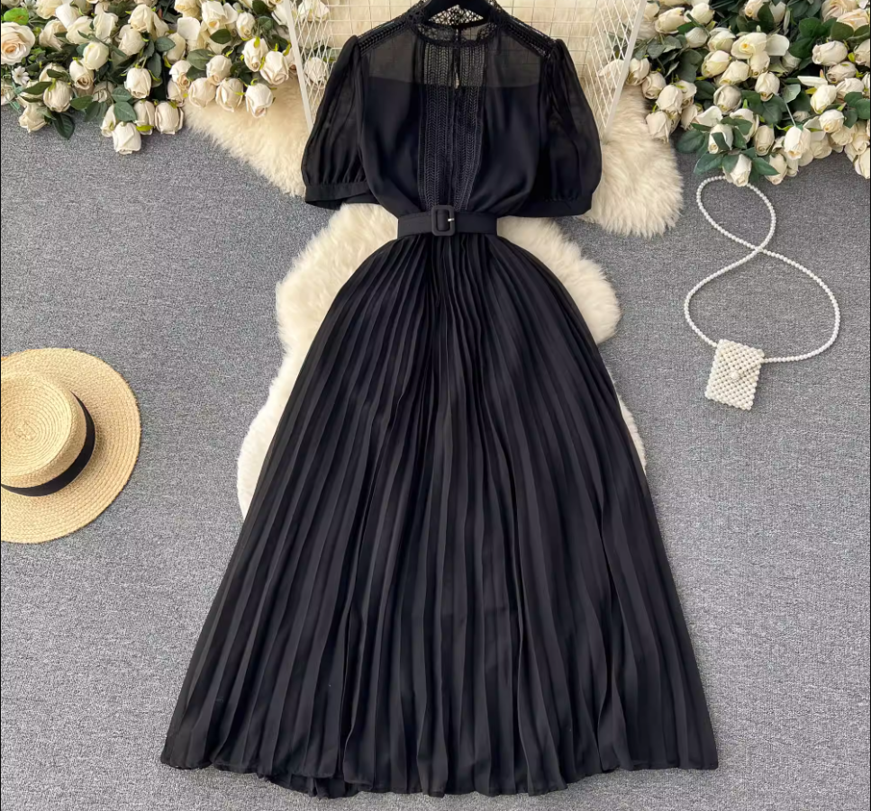 Turtleneck Puff Sleeve Pressed Pleated Dress,