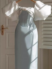 Puff Sleeve Dress Contrast Bow Waist Dress