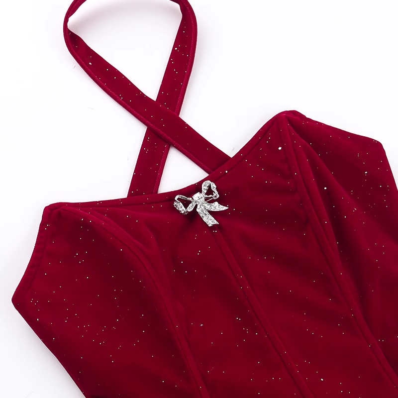 women's red dress with Christmas atmosphere