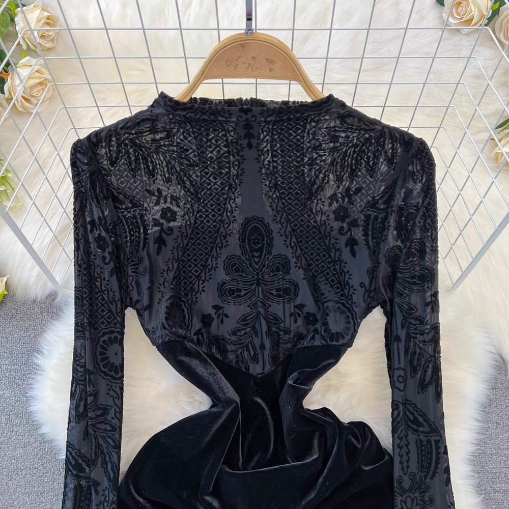 Black mid-length a-line velvet dress