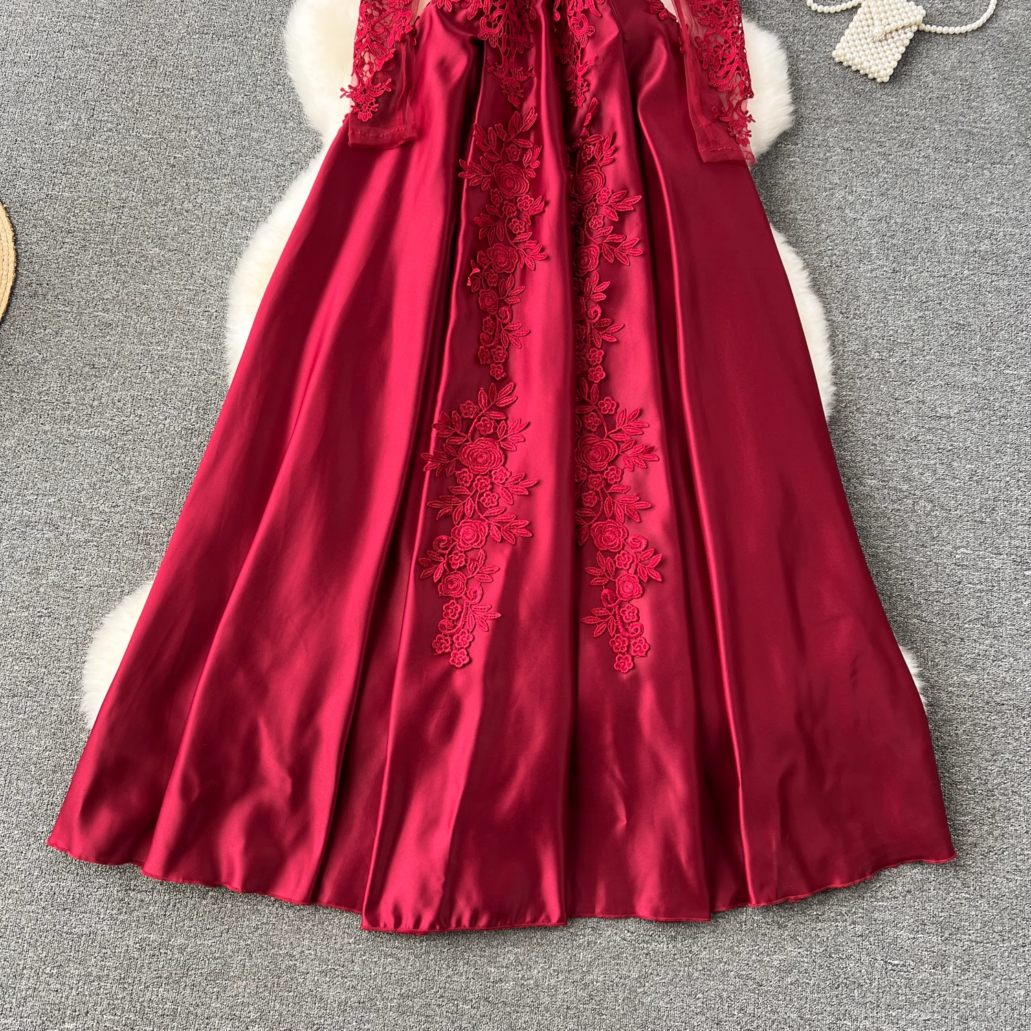 Red long-sleeve A-line dress