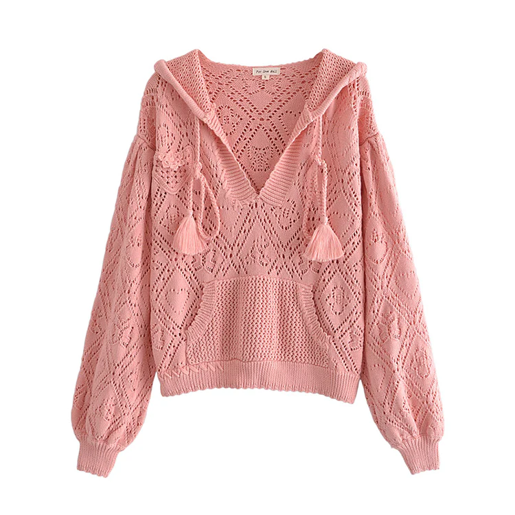 Hollow out design short Pink Knitted Hooded Sweater,