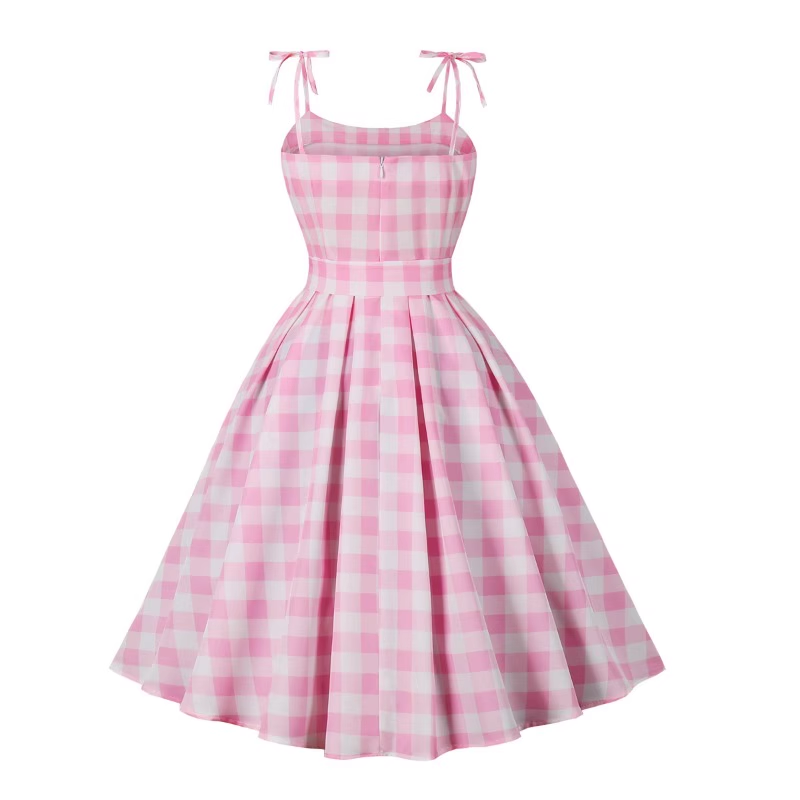 Summer Student Sweet Barbie Pink Plaid Bow Swing Dress