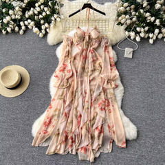 Irregular ruffled printed chiffon dress