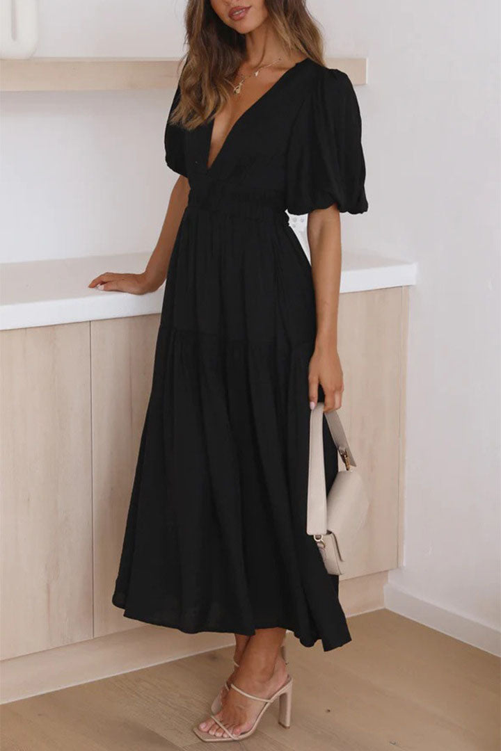 Lantern Sleeve V-neck Cinched Waist Midi Dress