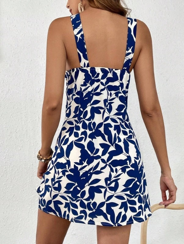 Leaf Print Sleeveless Ruffle Hem Overall Dress