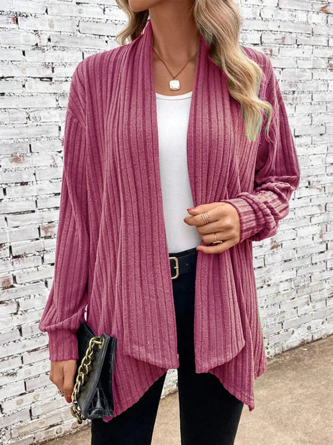 Irregular neckline ribbed knitted cardigan