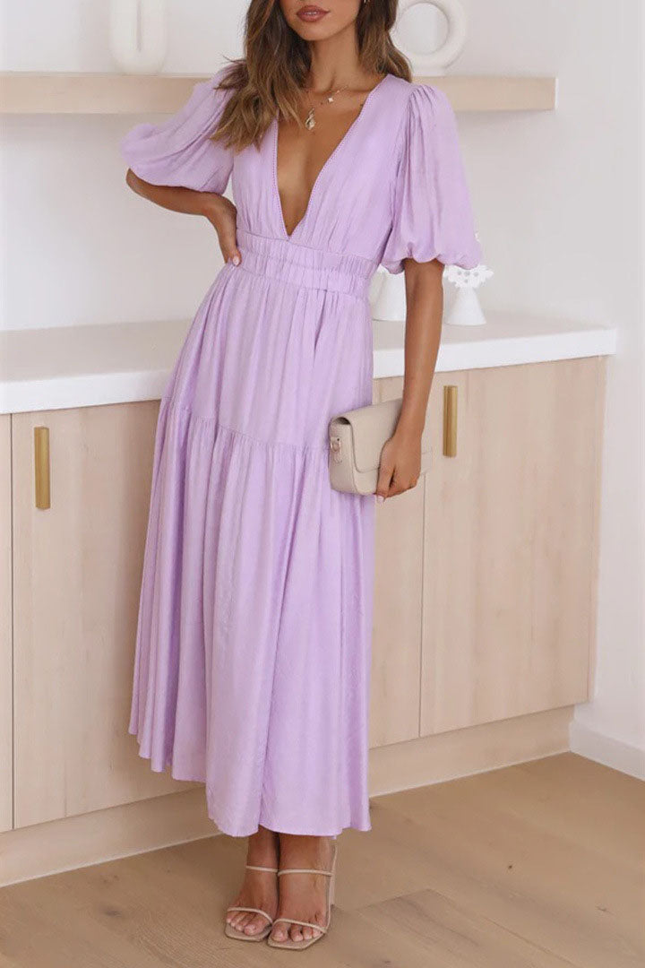 Lantern Sleeve V-neck Cinched Waist Midi Dress