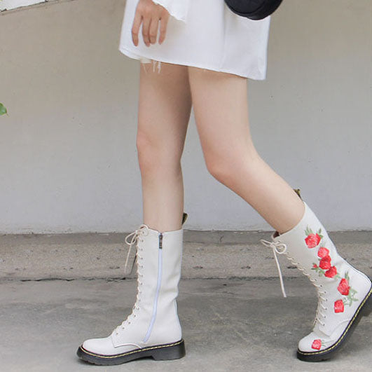 Lace-up embroidered mid-calf boots