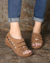 Hollow Velcro Slope Heel Sandals