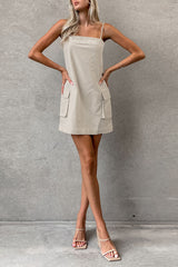 Khaki Linen Straight Large Pocket Cargo Dress