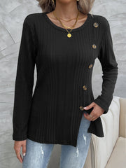 Black crew neck slanted button knit top