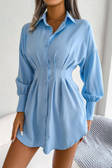 Lantern Sleeve Waisted Asymmetric Shirt Dress