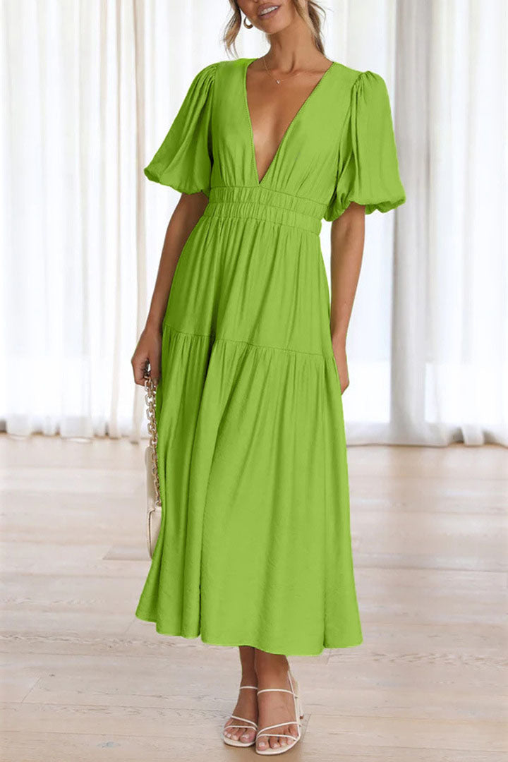 Lantern Sleeve V-neck Cinched Waist Midi Dress