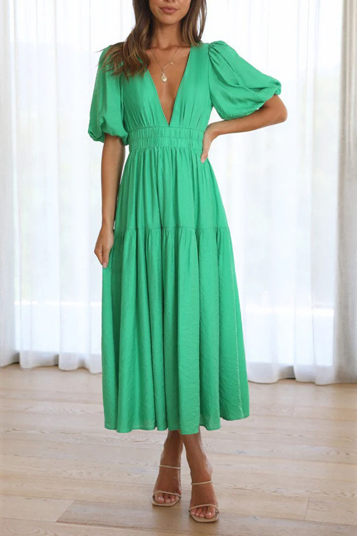 Lantern Sleeve V-neck Cinched Waist Midi Dress