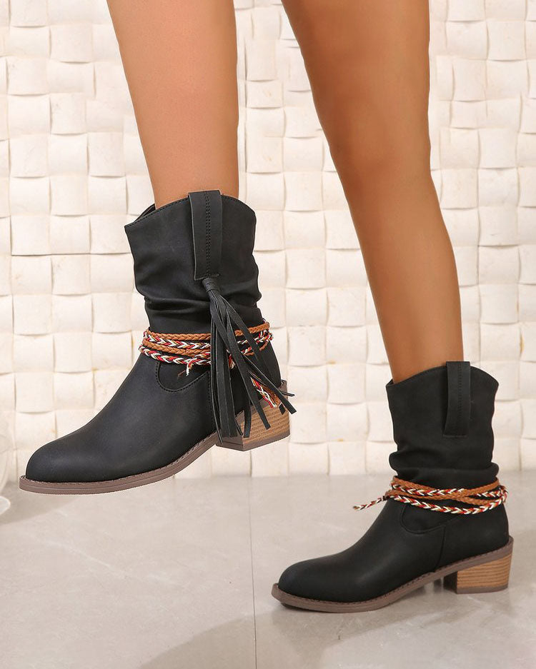 Braided straps tassel mid-calf boots