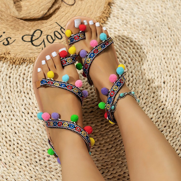 Bohemian cross-strap pom-pom flat sandals