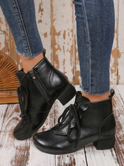 Black round toe mid-heeled lace-up ankle boots